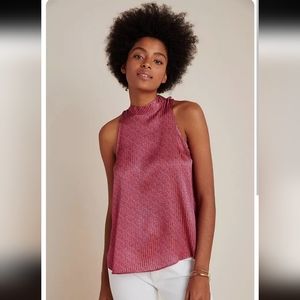 Maeve Anthropologie Tie Back Mock Neck Sleeveless Silky Tank, geometric pink